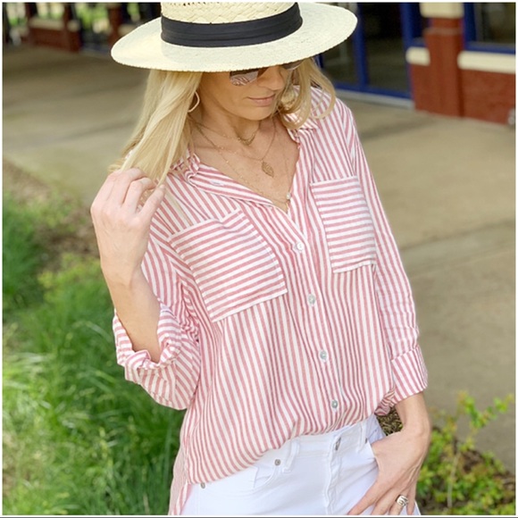 Infinity Raine Tops - ✨LAST ONE✨Red striped roll tab sleeve button up